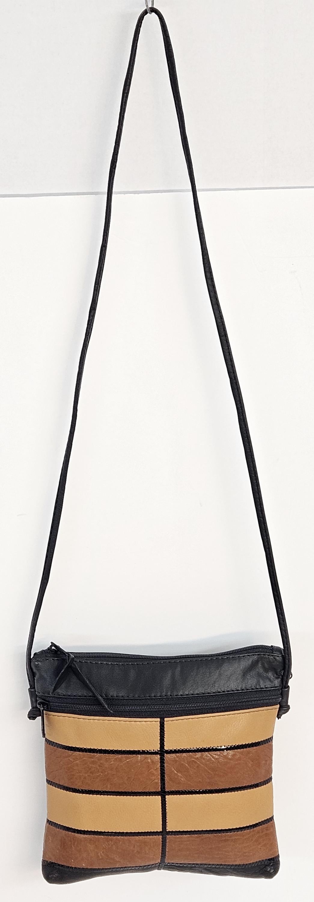 Genuine Leather Crossbody Handbag: Black, Camel & Brown Zigzag Design