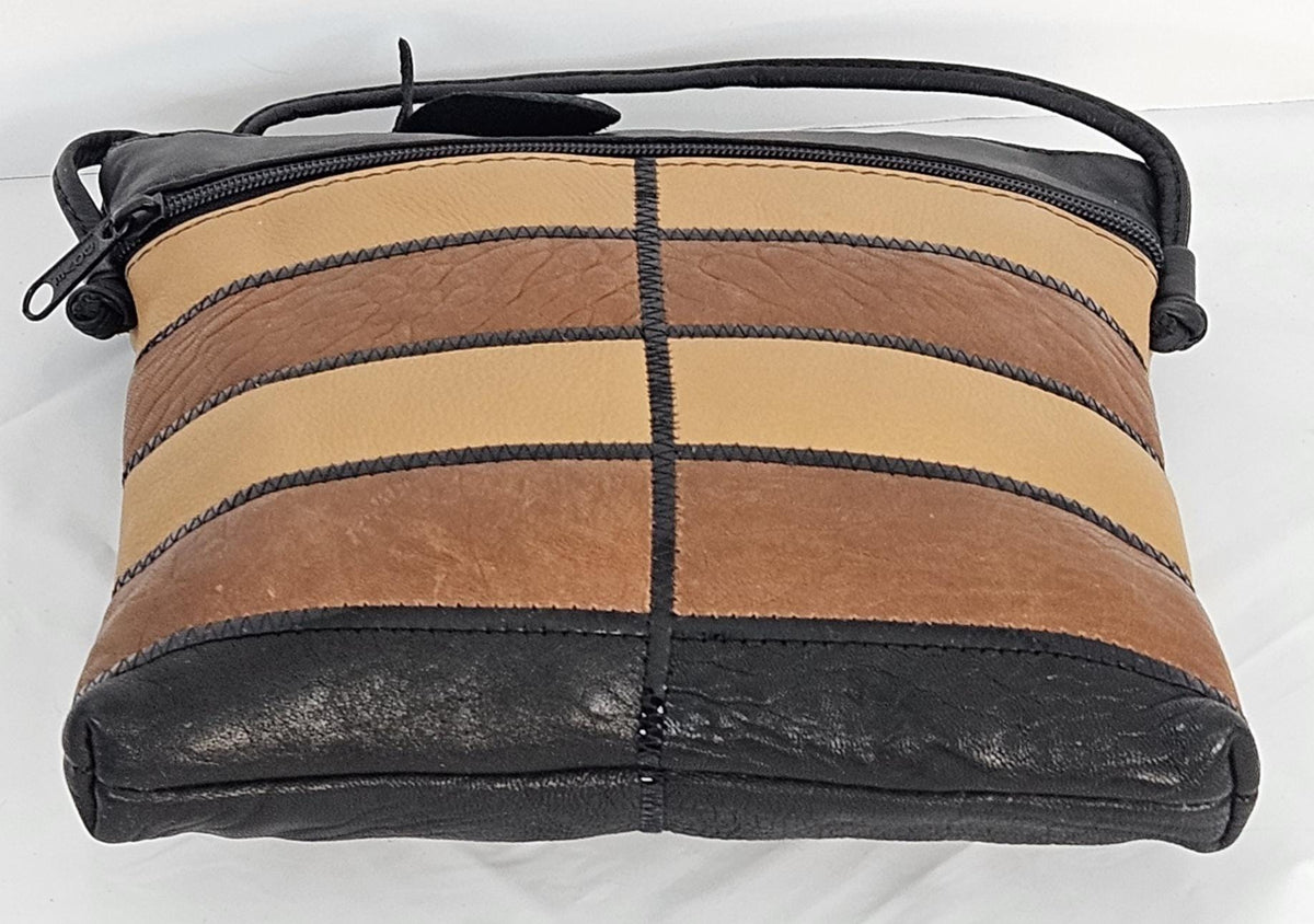 Genuine Leather Crossbody Handbag: Black, Camel & Brown Zigzag Design