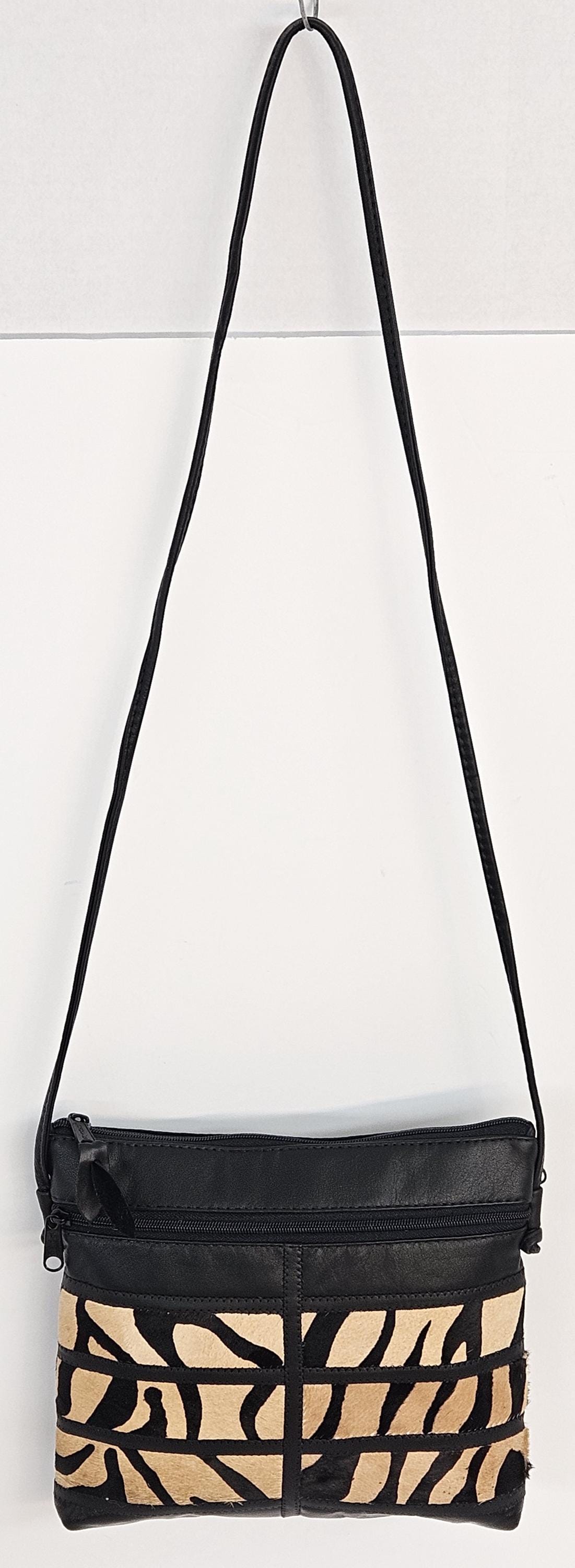 Black Leather Patchwork Crossbody Purse: Zebra Stripe Bag, Made in USA