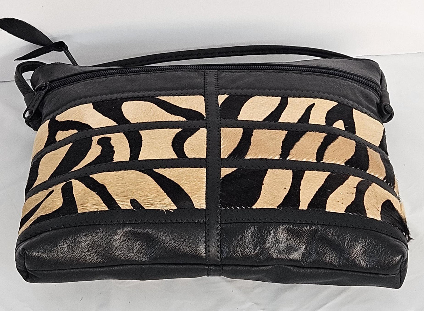 Black Leather Patchwork Crossbody Purse: Zebra Stripe Bag, Made in USA