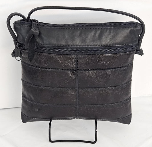 Black Leather Crossbody Bag: Zigzag Design, Made in USA