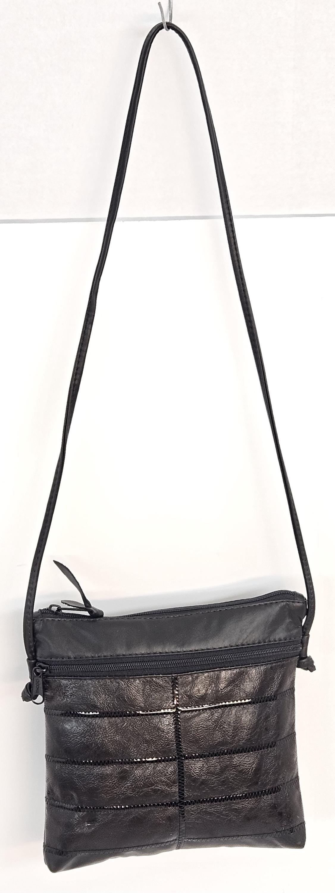 Black Leather Crossbody Bag: Zigzag Design, Made in USA