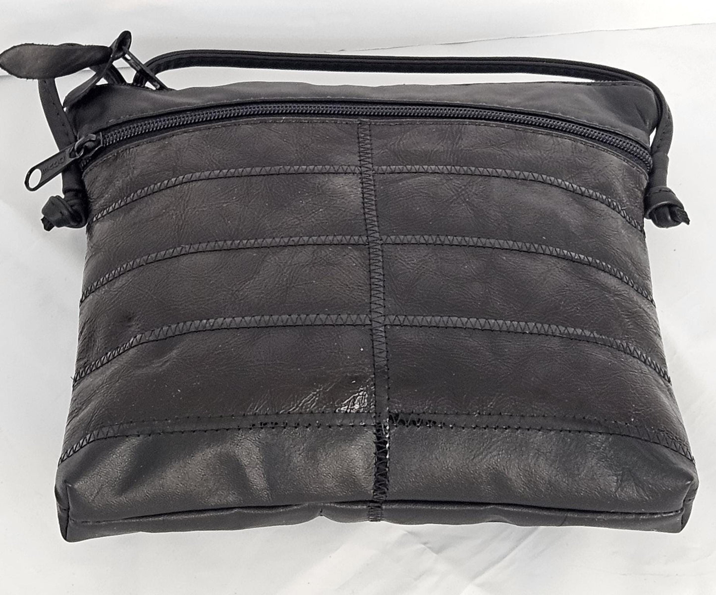 Black Leather Crossbody Bag: Zigzag Design, Made in USA