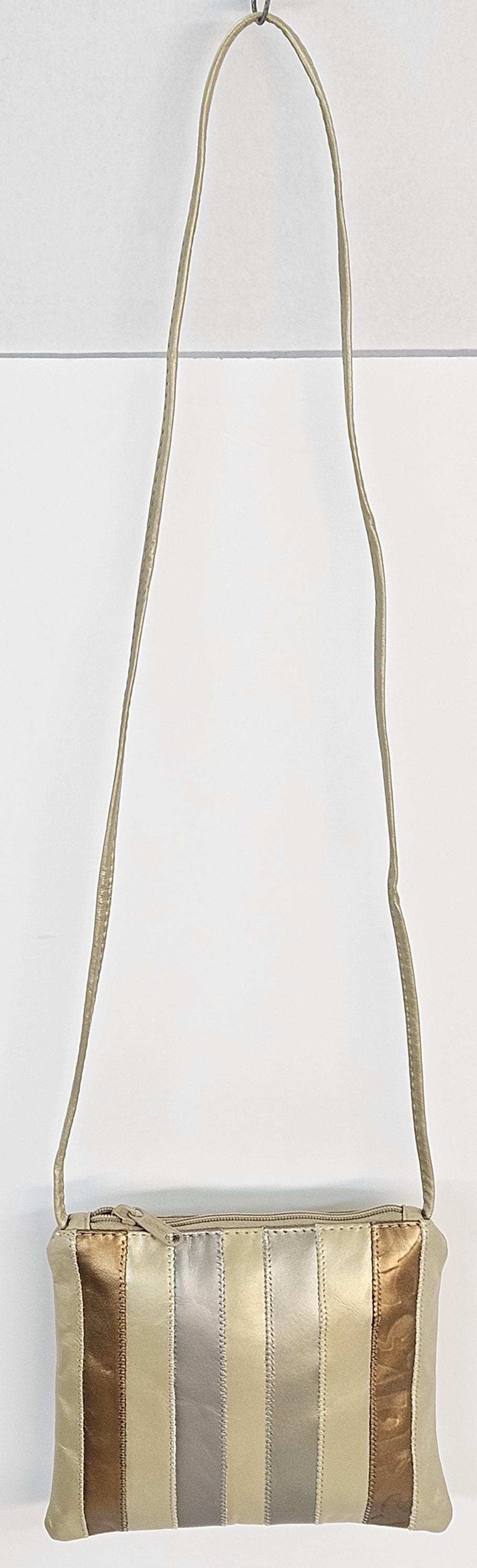 Champagne Genuine Leather Crossbody Handbag with Zigzag Stitch - Made in USA