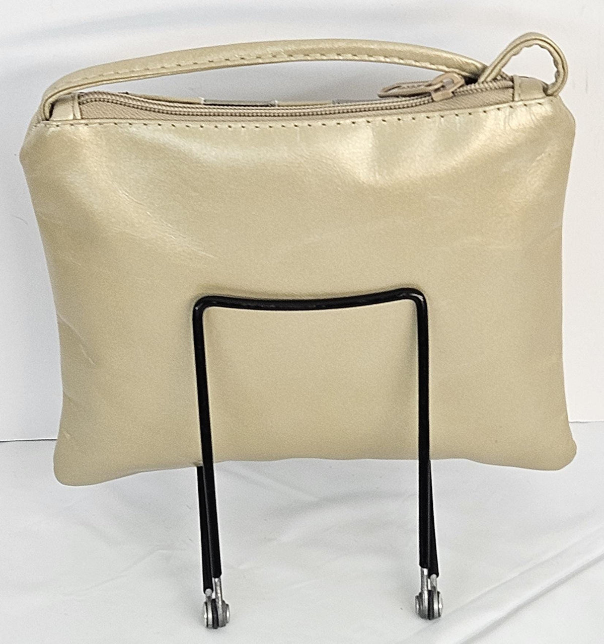 Champagne Genuine Leather Crossbody Handbag with Zigzag Stitch - Made in USA