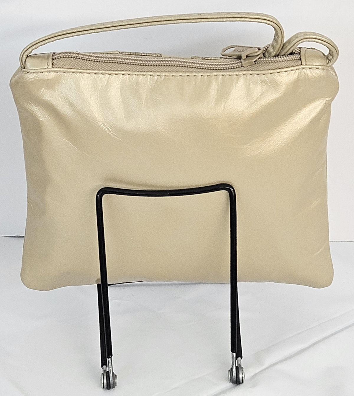 Champagne Leather Crossbody Handbag: Zigzag Stitch, Made in USA