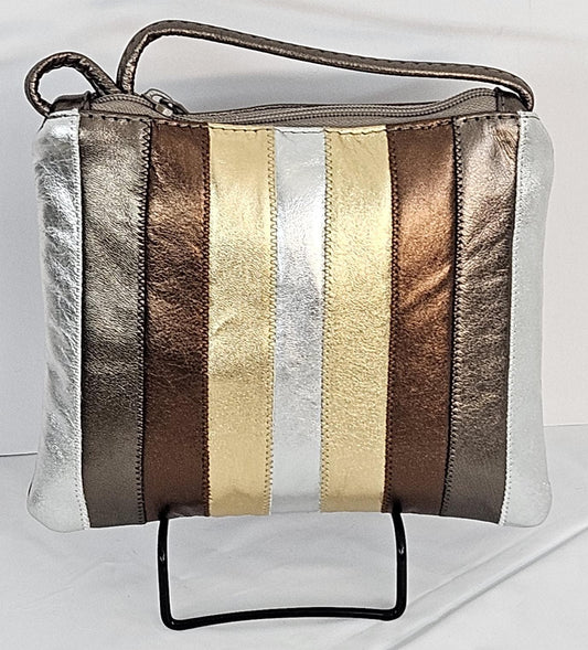 Metallic Zigzag Stitch Leather Crossbody Handbag - Made in USA