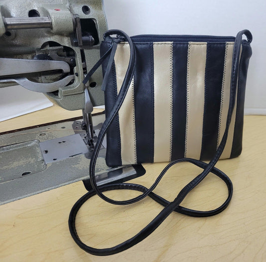 Handmade Striped Leather Crossbody Bag, Champagne & Black, USA Made