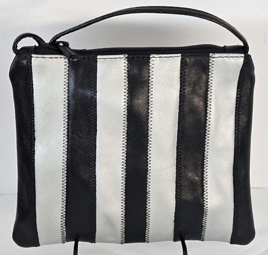 Zigzag Stitch Leather Crossbody Handbag: Black & Grey, Made in USA