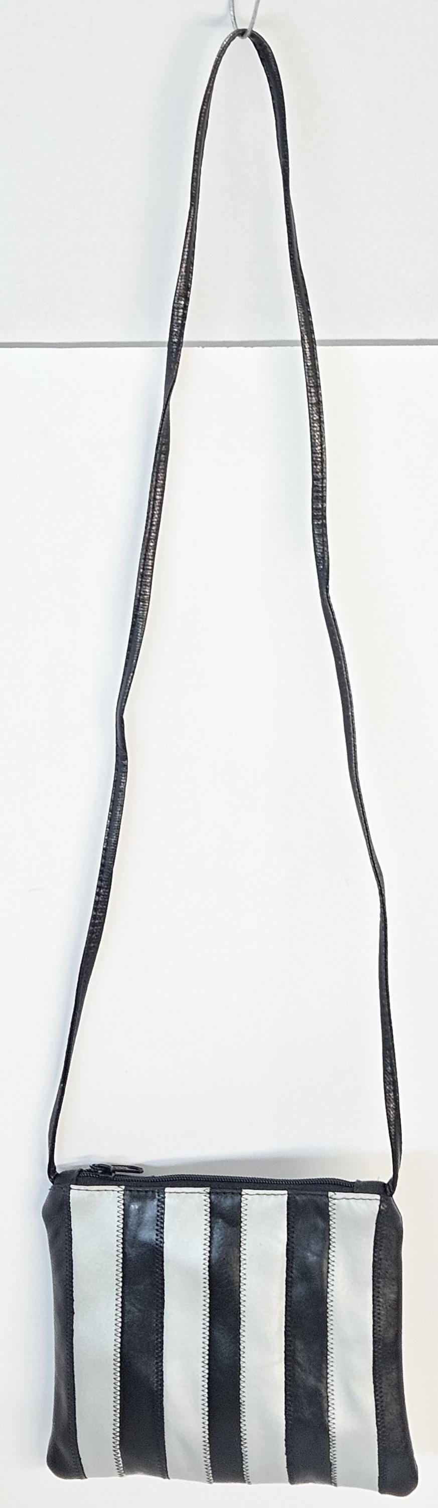 Zigzag Stitch Leather Crossbody Handbag: Black & Grey, Made in USA