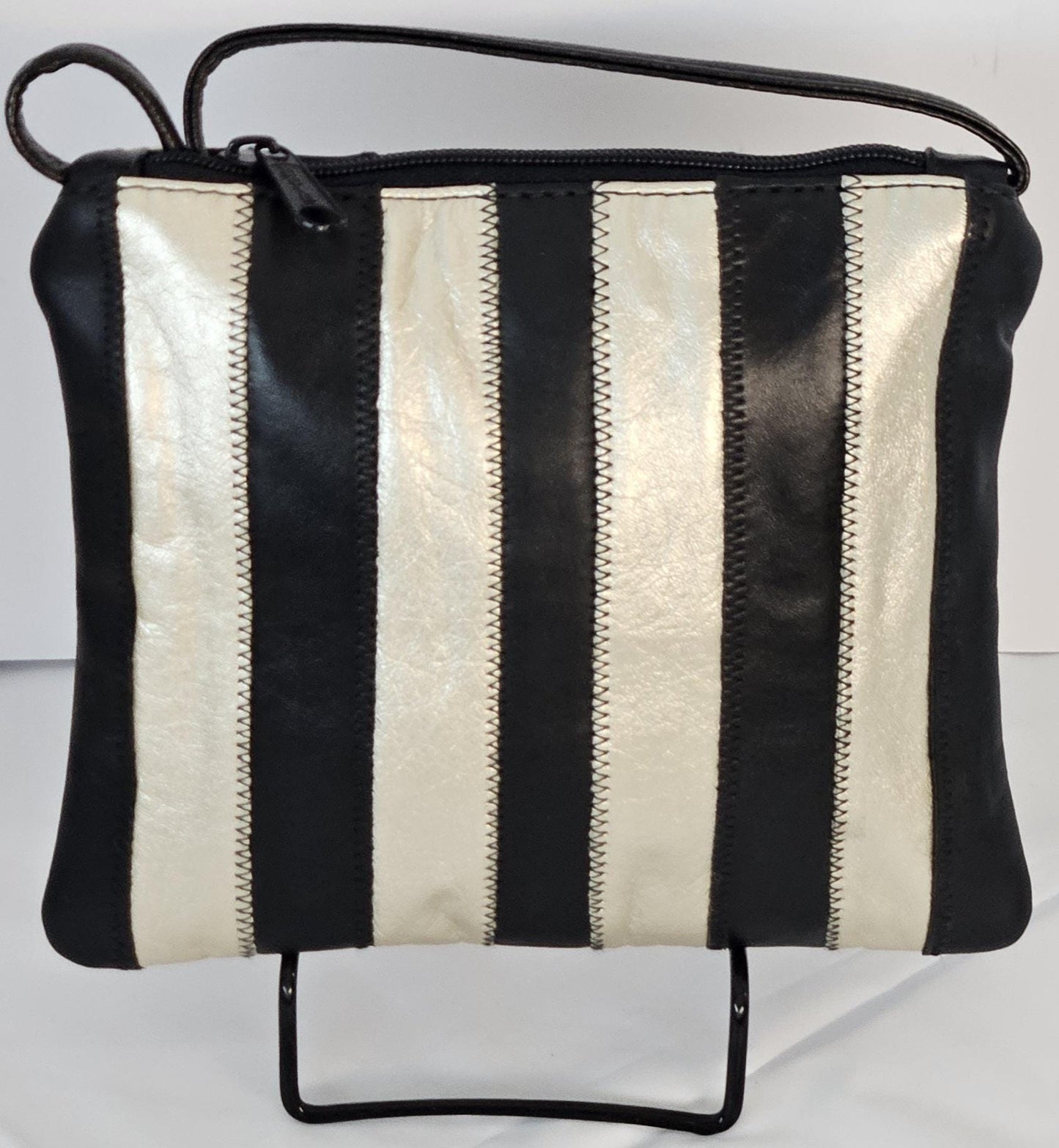 Zigzag Stitch Leather Crossbody Bag: Black & Metallic Beige, Made in USA