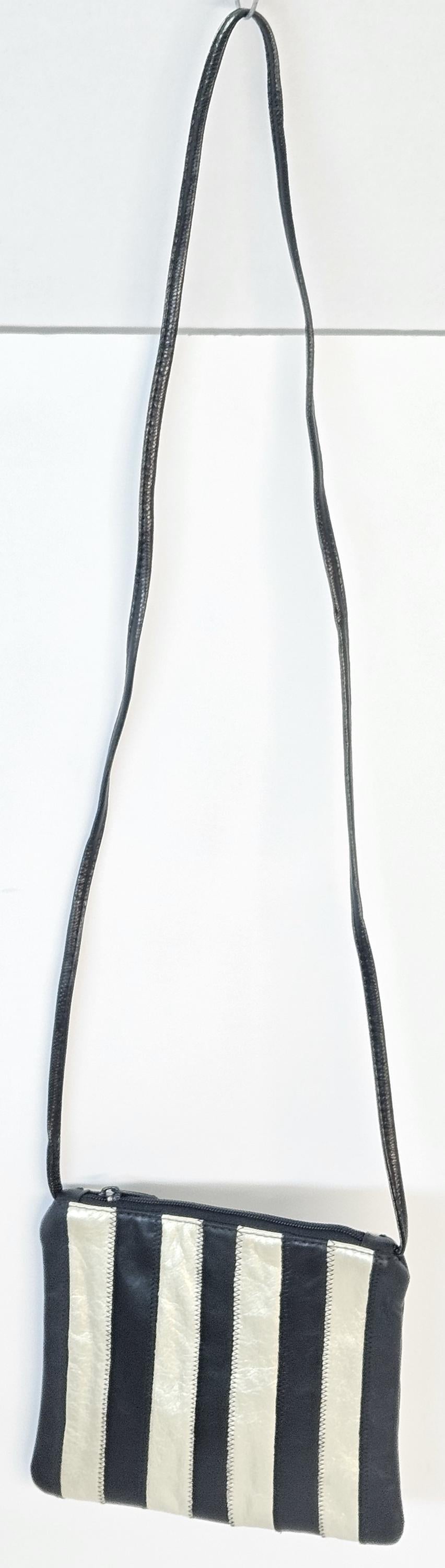 Zigzag Stitch Leather Crossbody Bag: Black & Metallic Beige, Made in USA