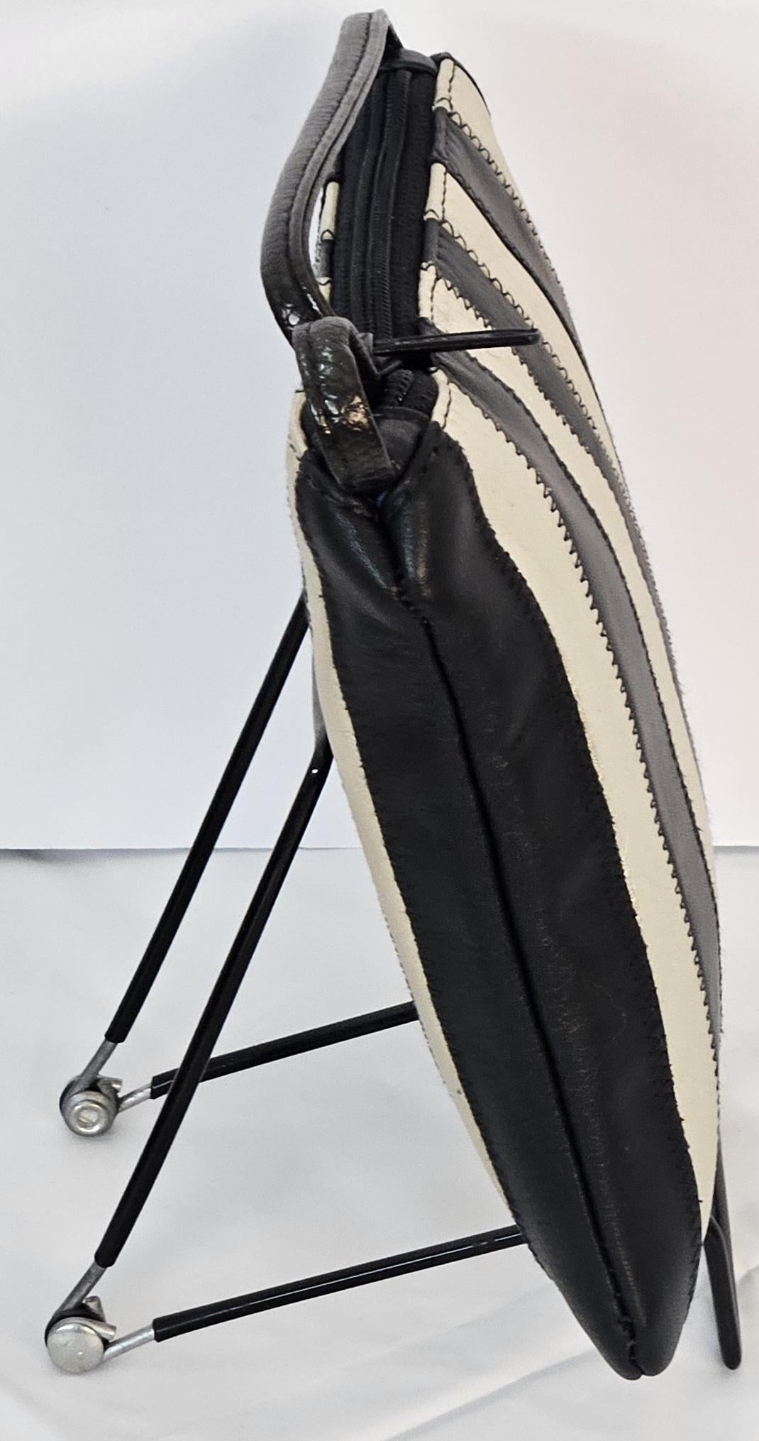 Zigzag Stitch Leather Crossbody Bag: Black & Metallic Beige, Made in USA