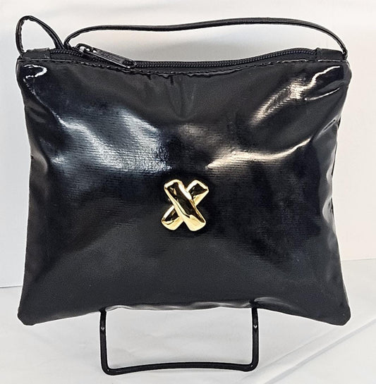 Black Patton man made material with gold metal X. Crossbody Handbag#TR3302Bpm-×,Purses for girls,women,Universal Use.Made in USA.