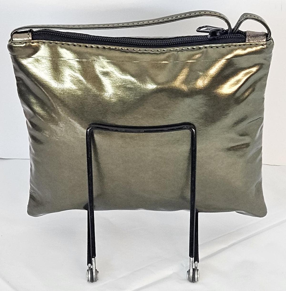 Pewter Metallic Crossbody Bag: Gold Accent, Made in USA