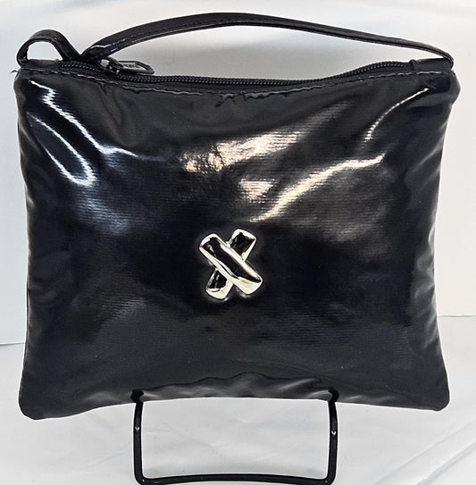 Black Patton man made material with Silver metal X. Crossbody Handbag#TR3302Bpms-×,Purses for girls,women,Universal Use.Made in USA.
