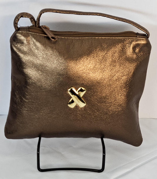 Bronze Metallic Leather Crossbody Bag - Gold Accent, Made in USA