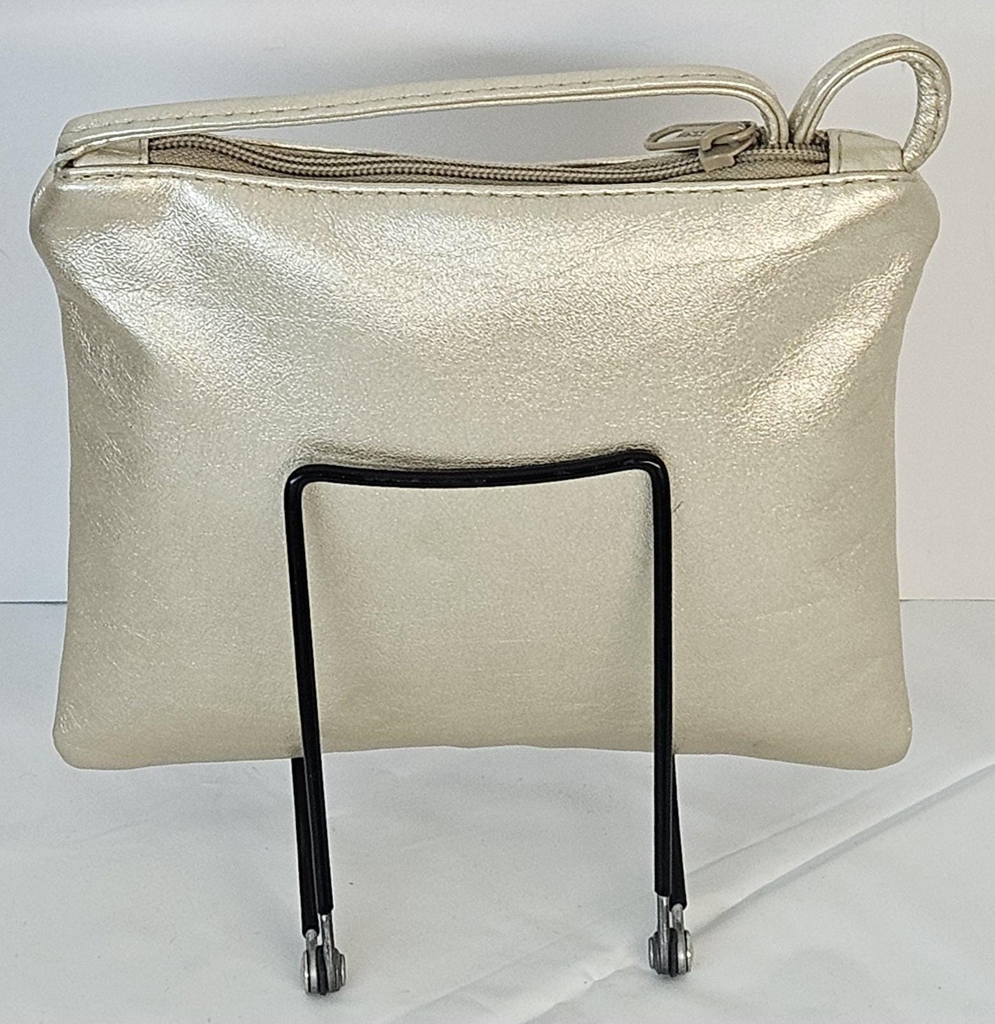 Beige Metallic Leather Crossbody Bag: Gold Accent, Made in USA