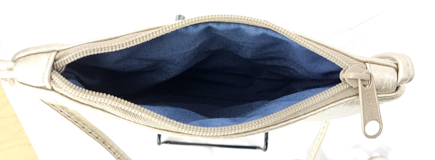 Beige Metallic Leather Crossbody Bag: Gold Accent, Made in USA