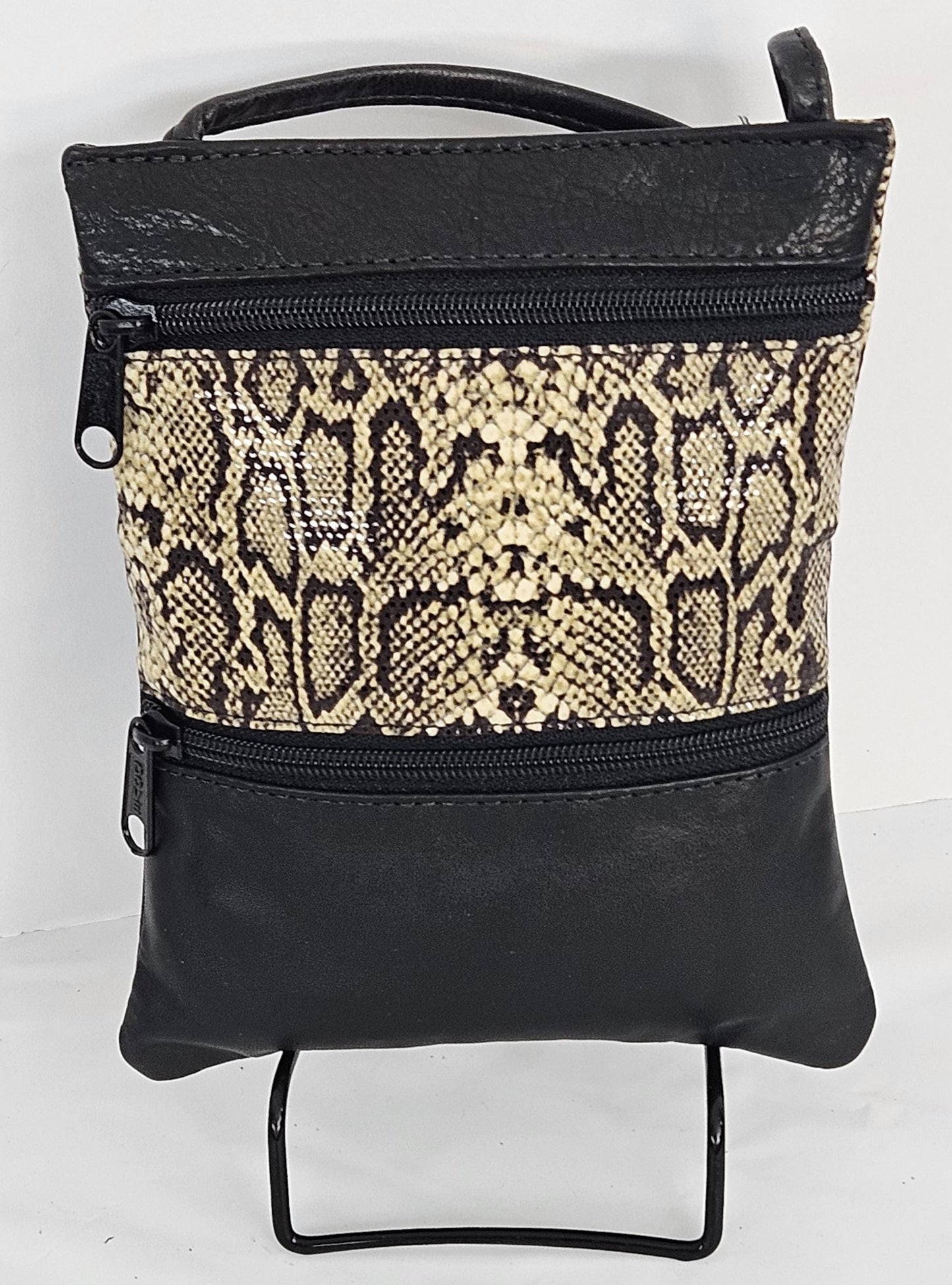 Two-Tone Leather Crossbody Bag: Black & Snakeskin, Handmade in US