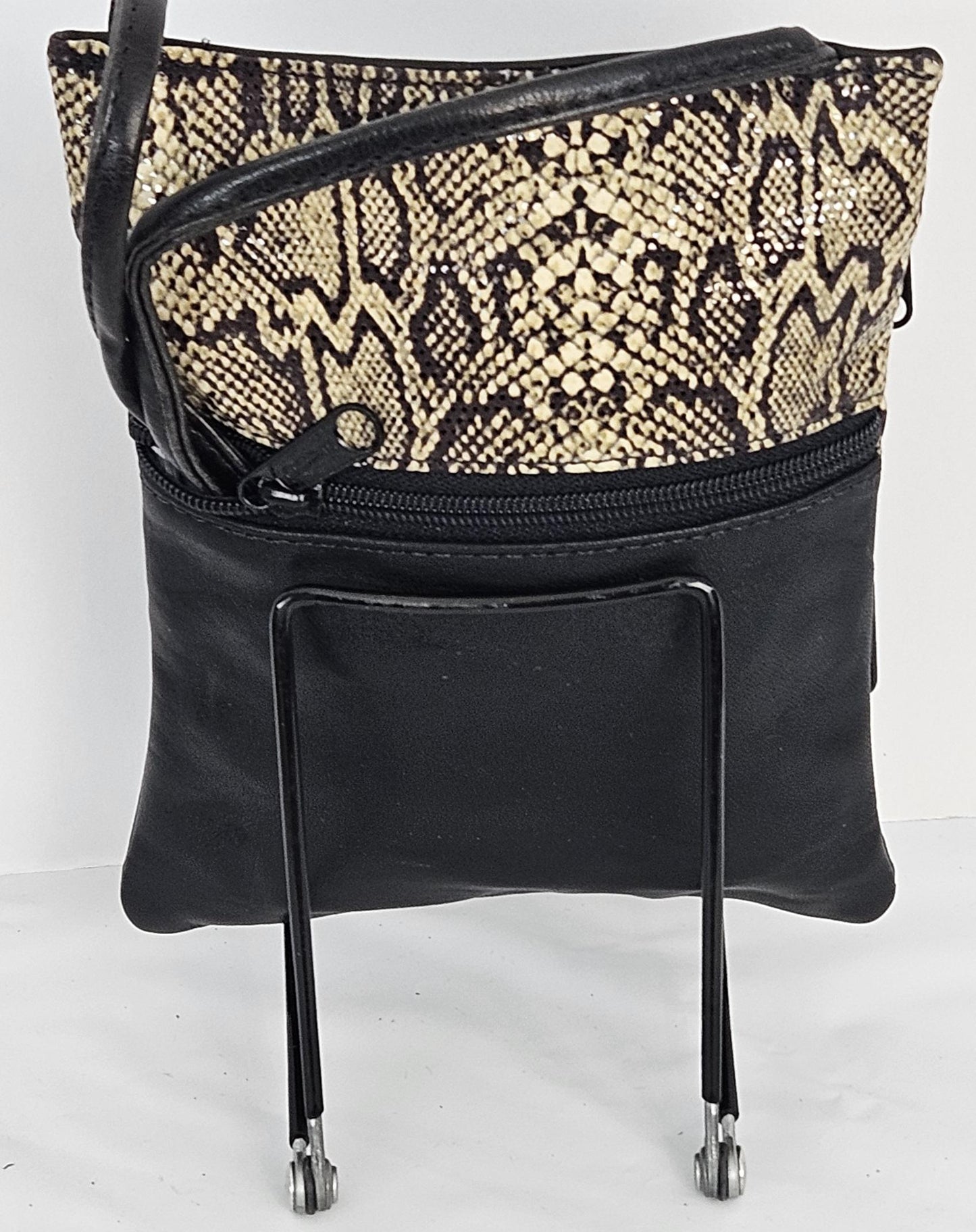 Two-Tone Leather Crossbody Bag: Black & Snakeskin, Handmade in US