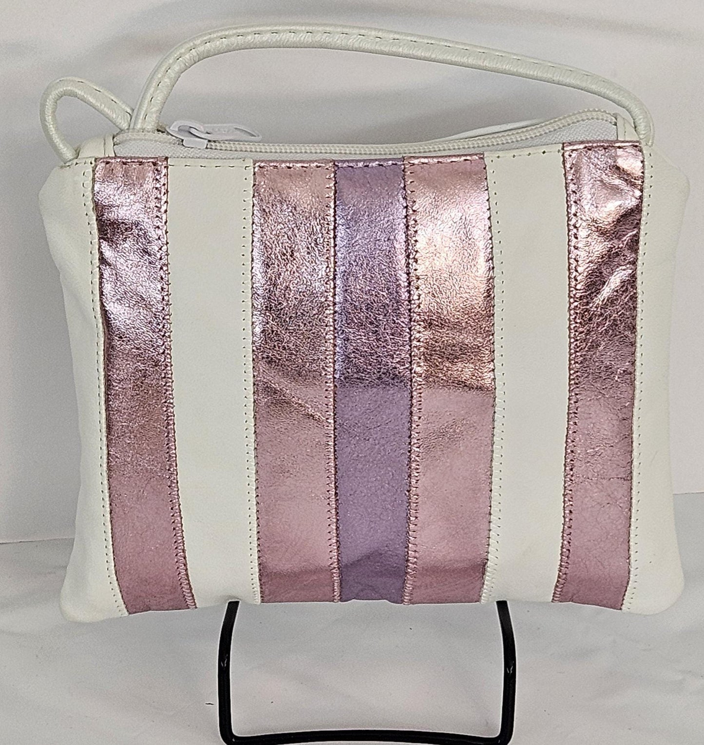White Genuine Leather Crossbody Bag: Metallic Pink & Purple Zigzag Stitch, Made in USA