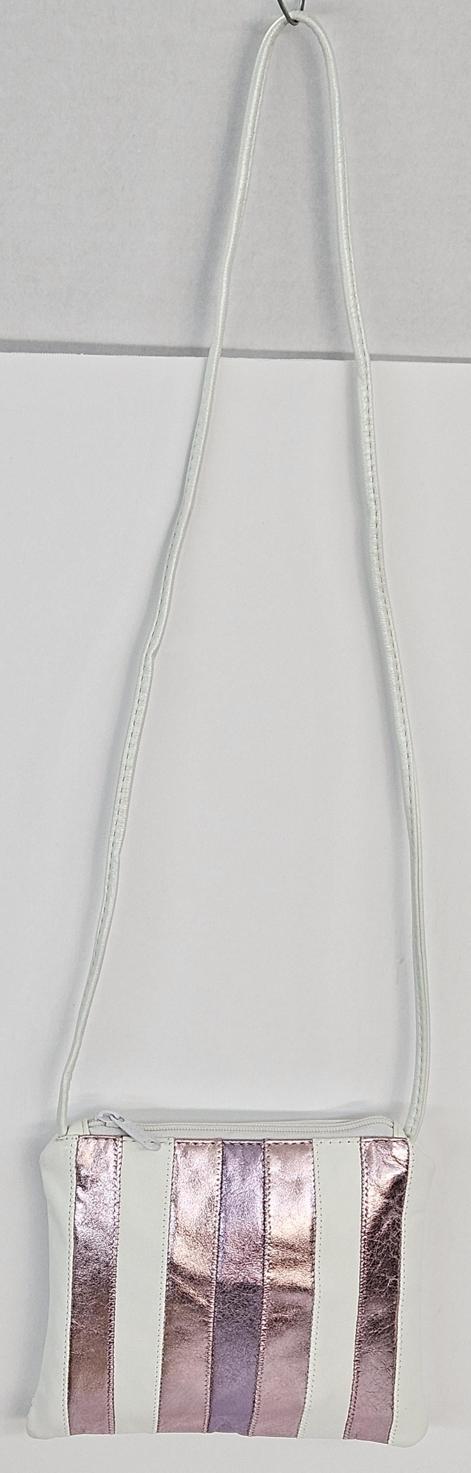 White Genuine Leather Crossbody Bag: Metallic Pink & Purple Zigzag Stitch, Made in USA
