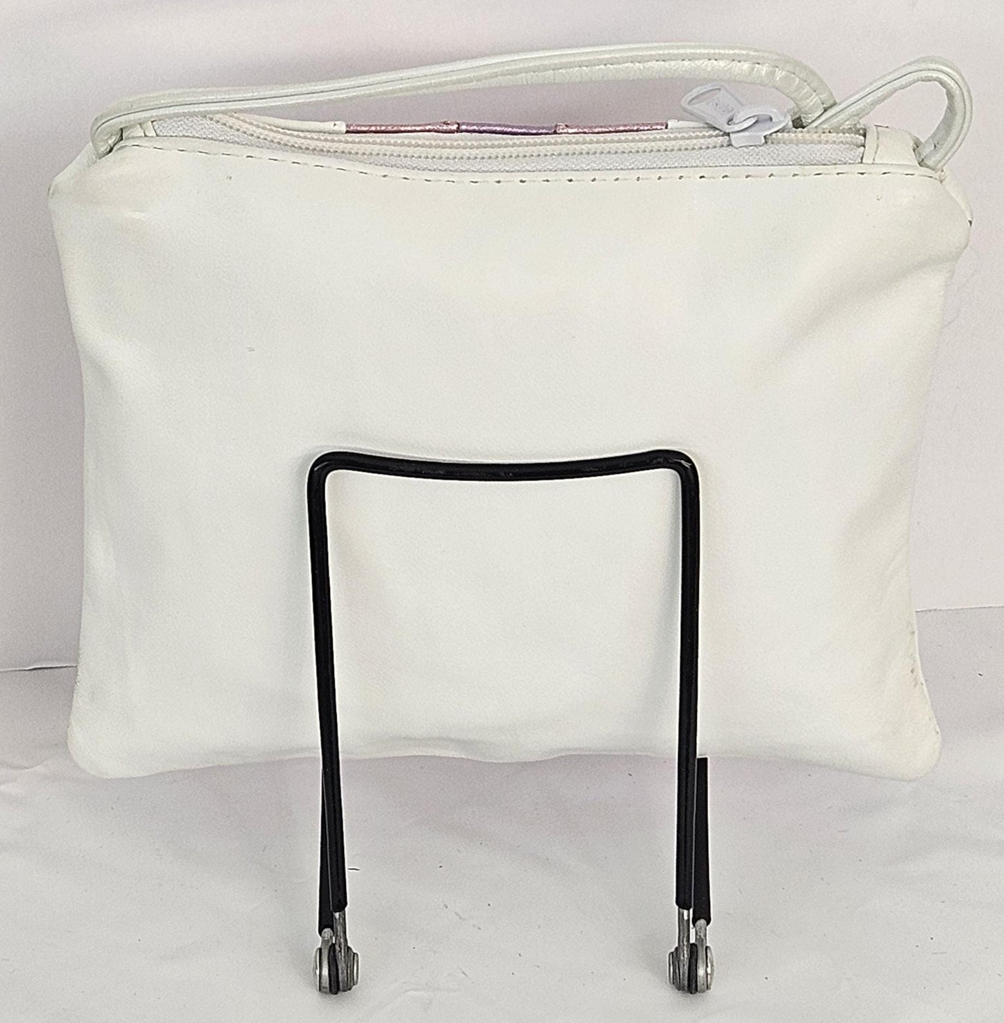 White Genuine Leather Crossbody Bag: Metallic Pink & Purple Zigzag Stitch, Made in USA