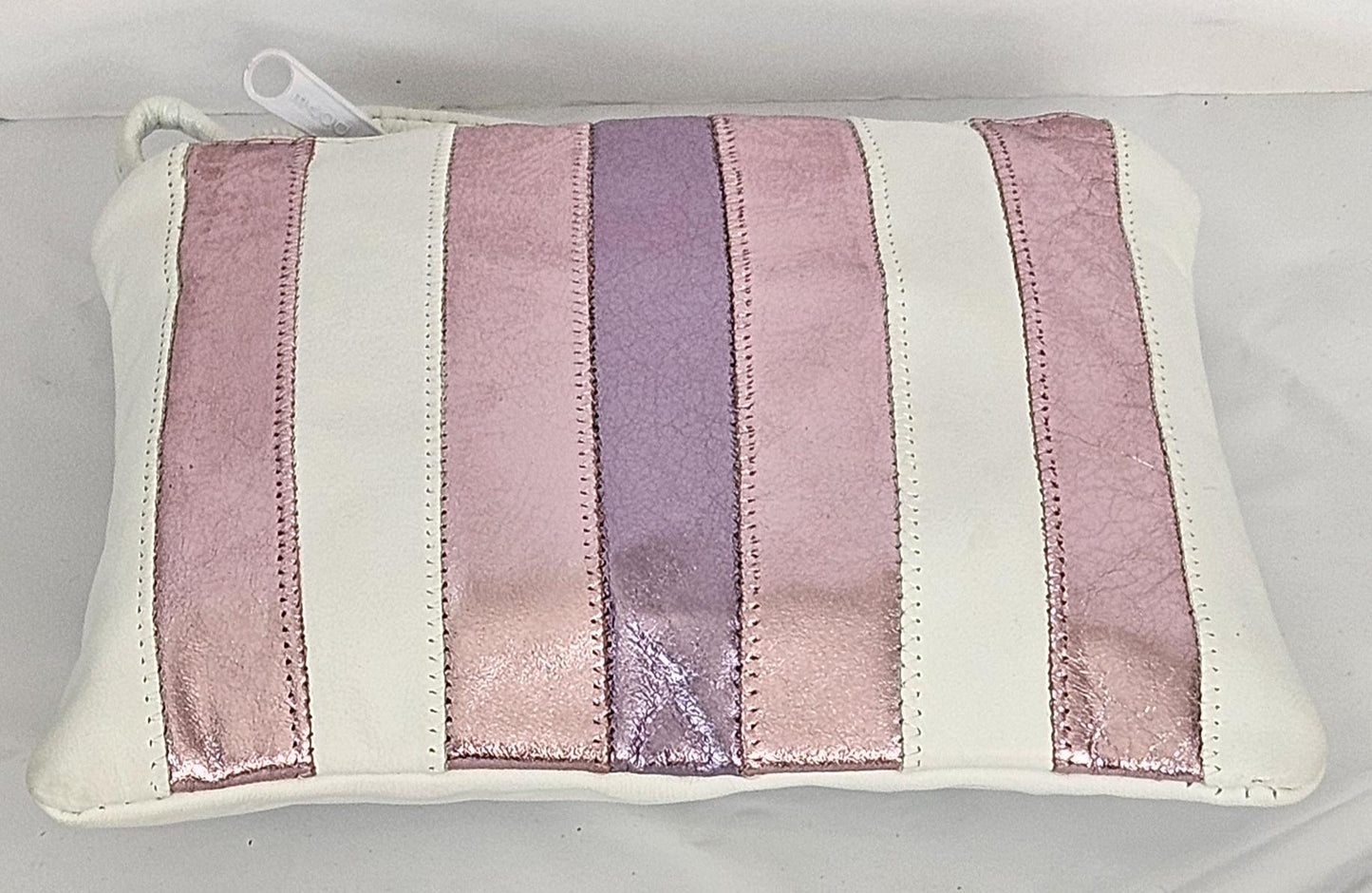 White Genuine Leather Crossbody Bag: Metallic Pink & Purple Zigzag Stitch, Made in USA