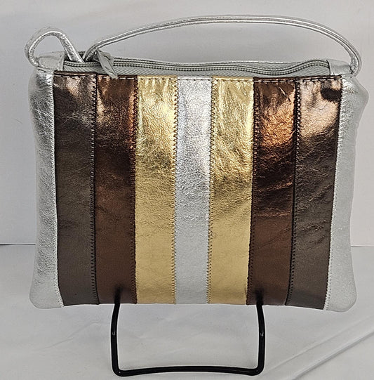 Silver metallic with pewter,bronze,gold,mix color Zigzag stich Crossbody, Handbag #TR3302Spbg-Z,Purses Genuine Leather. Made in USA.