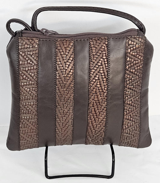 Brown Genuine Leather Crossbody Handbag - Zigzag Stitch - Made in USA