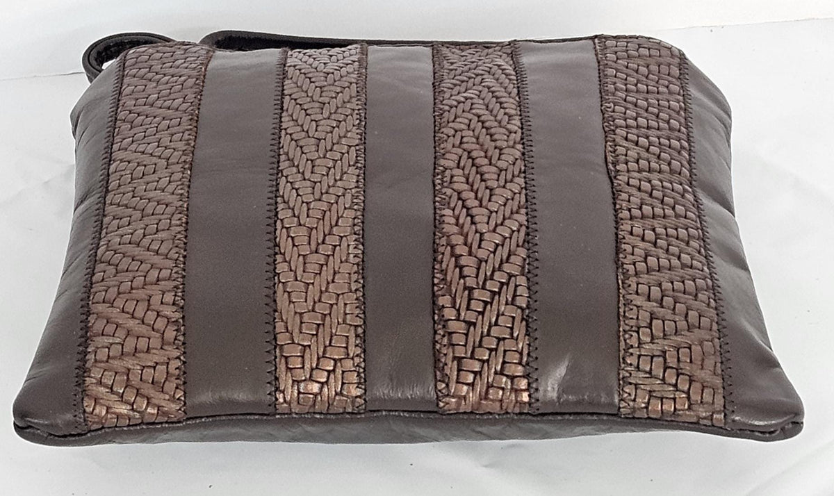 Brown Genuine Leather Crossbody Handbag - Zigzag Stitch - Made in USA