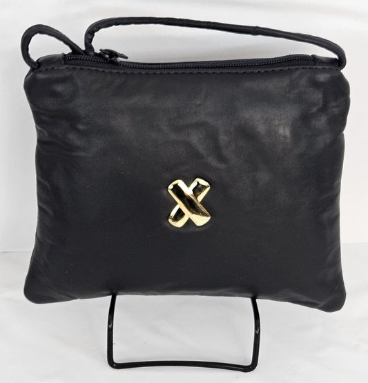 Black Leather Crossbody Bag with Gold 'X' - Made in USA