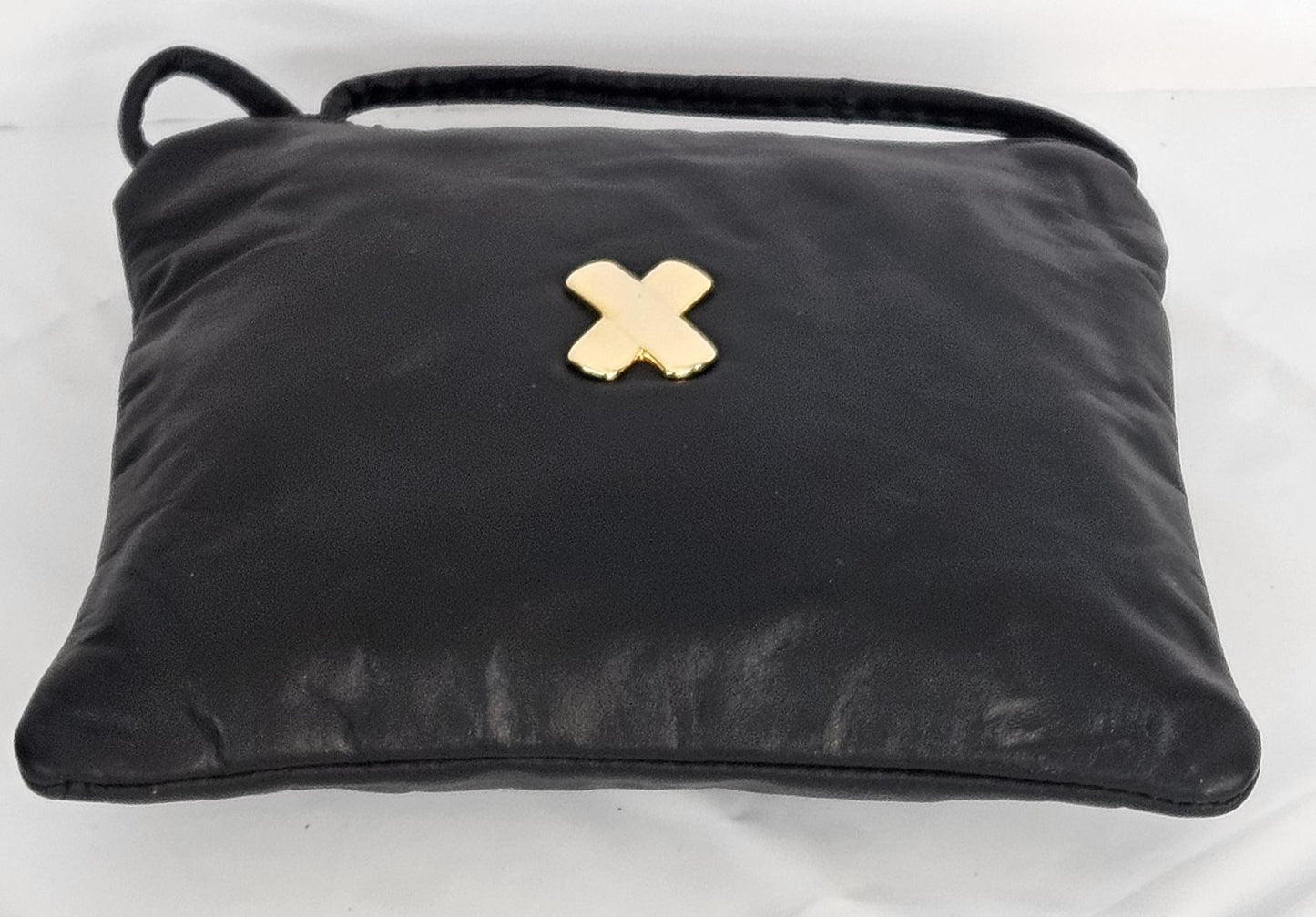 Black Leather Crossbody Bag with Gold 'X' - Made in USA