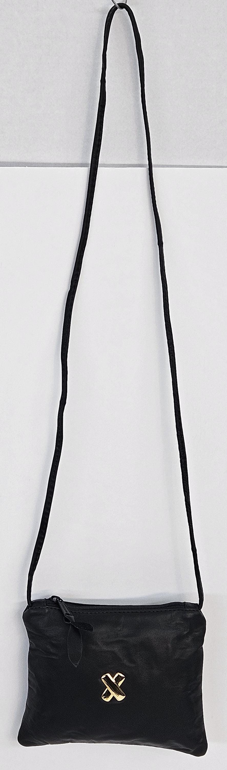 Black Leather Crossbody Bag with Gold 'X' - Made in USA