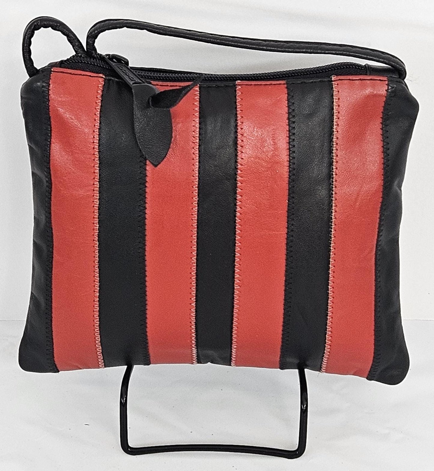 Black & Red Leather Crossbody Bag: Zigzag Stitch, Made in USA