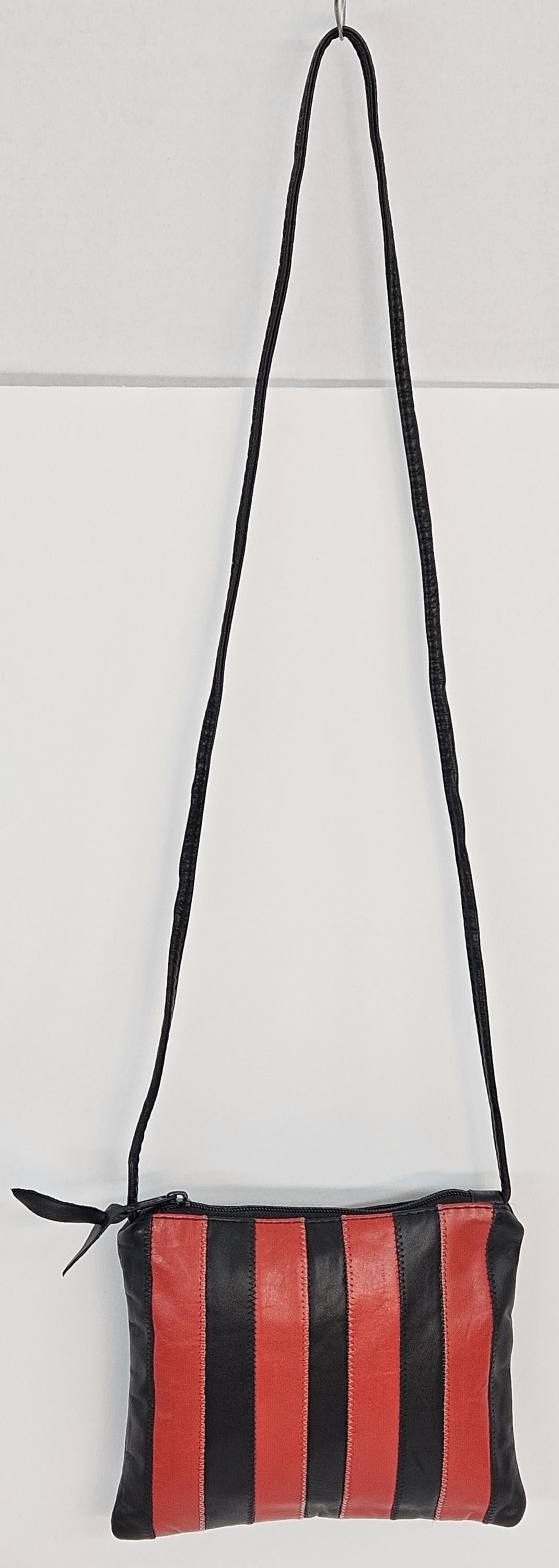 Black & Red Leather Crossbody Bag: Zigzag Stitch, Made in USA