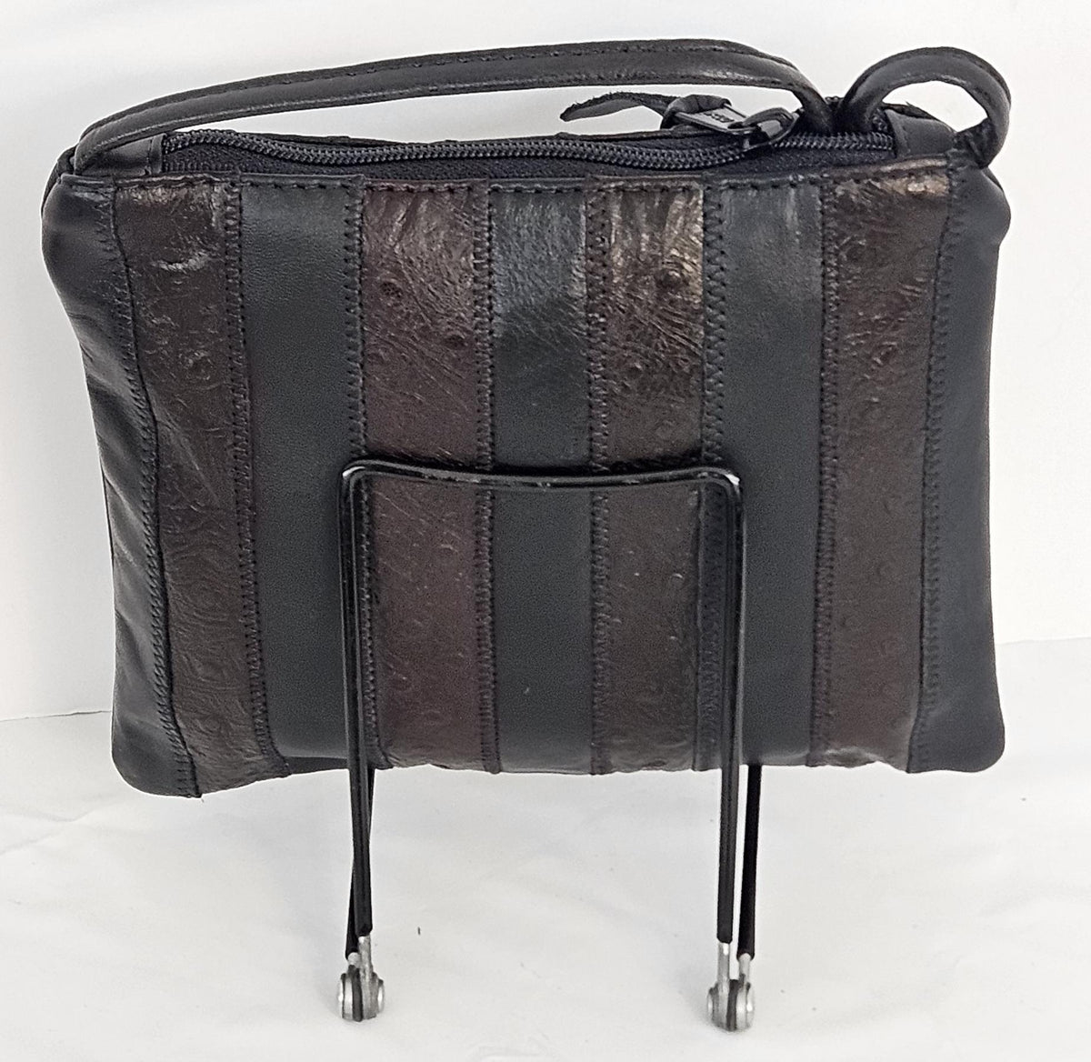 Ostrich Print Leather Crossbody Handbag - Zigzag Stitch, Made in USA