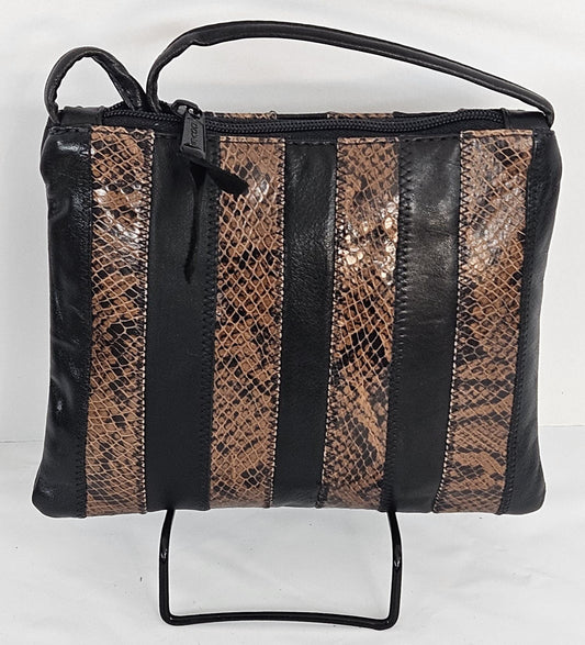 Black with brown Snake print Zigzag stich Crossbody Handbag #TR3302bbsp-ZA, Purses,Universal Use Genuine Leather.   Made in USA.