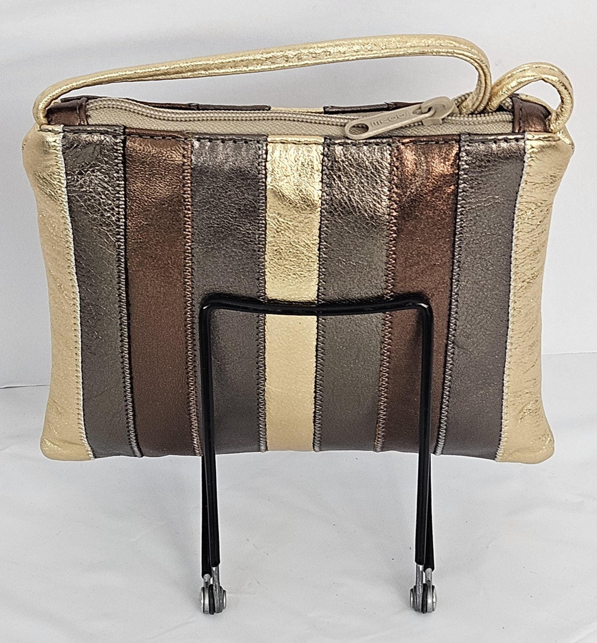 Gold Zigzag Stitch Leather Crossbody Handbag - Made in USA