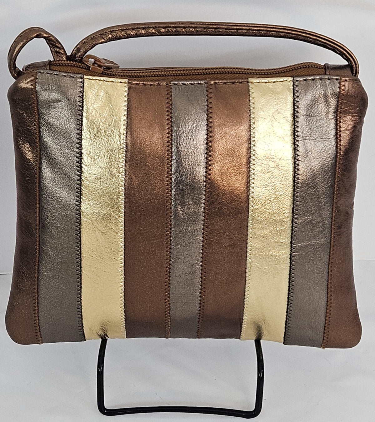 Metallic Bronze Leather Crossbody Handbag - Zigzag Stitch - Made in USA
