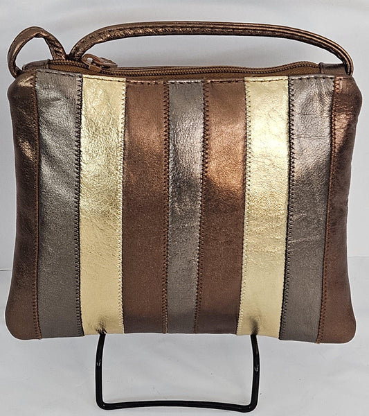 Metallic Bronze Leather Crossbody Handbag - Zigzag Stitch - Made in USA