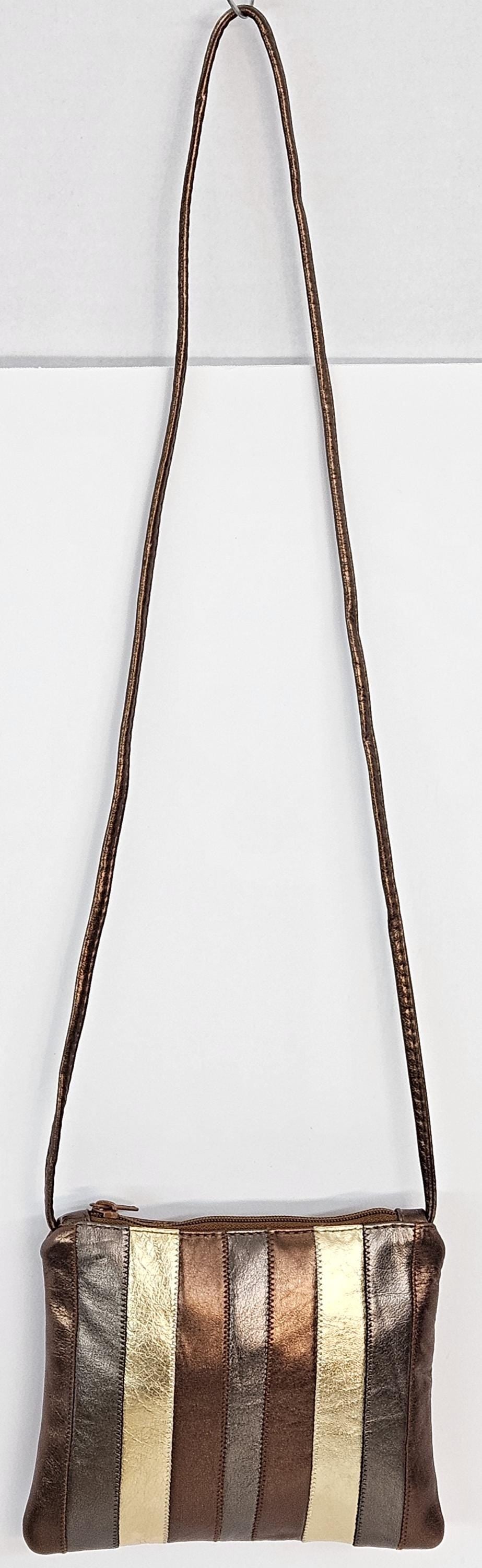 Metallic Bronze Leather Crossbody Handbag - Zigzag Stitch - Made in USA