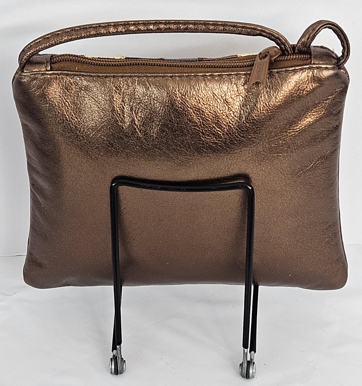 Metallic Bronze Leather Crossbody Handbag - Zigzag Stitch - Made in USA