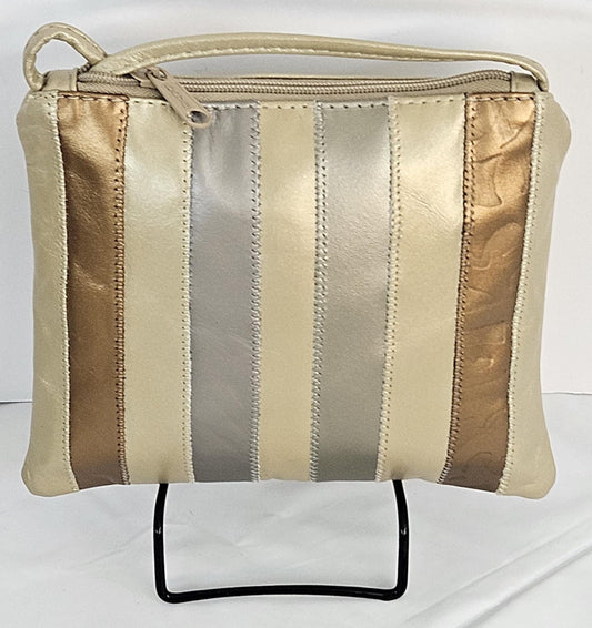 Champagne Genuine Leather Crossbody Handbag with Zigzag Stitch - Made in USA