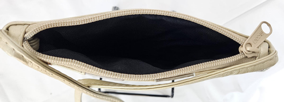 Champagne Genuine Leather Crossbody Handbag with Zigzag Stitch - Made in USA