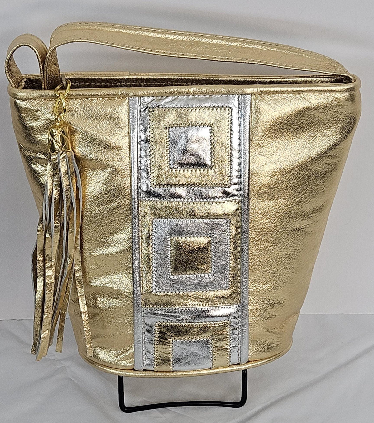 Gold Metallic Leather Handbag: Silver Square Zigzag Purse, Made in USA