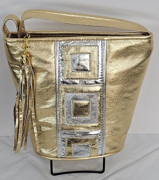 Gold Metallic Leather Handbag: Silver Square Zigzag Purse, Made in USA