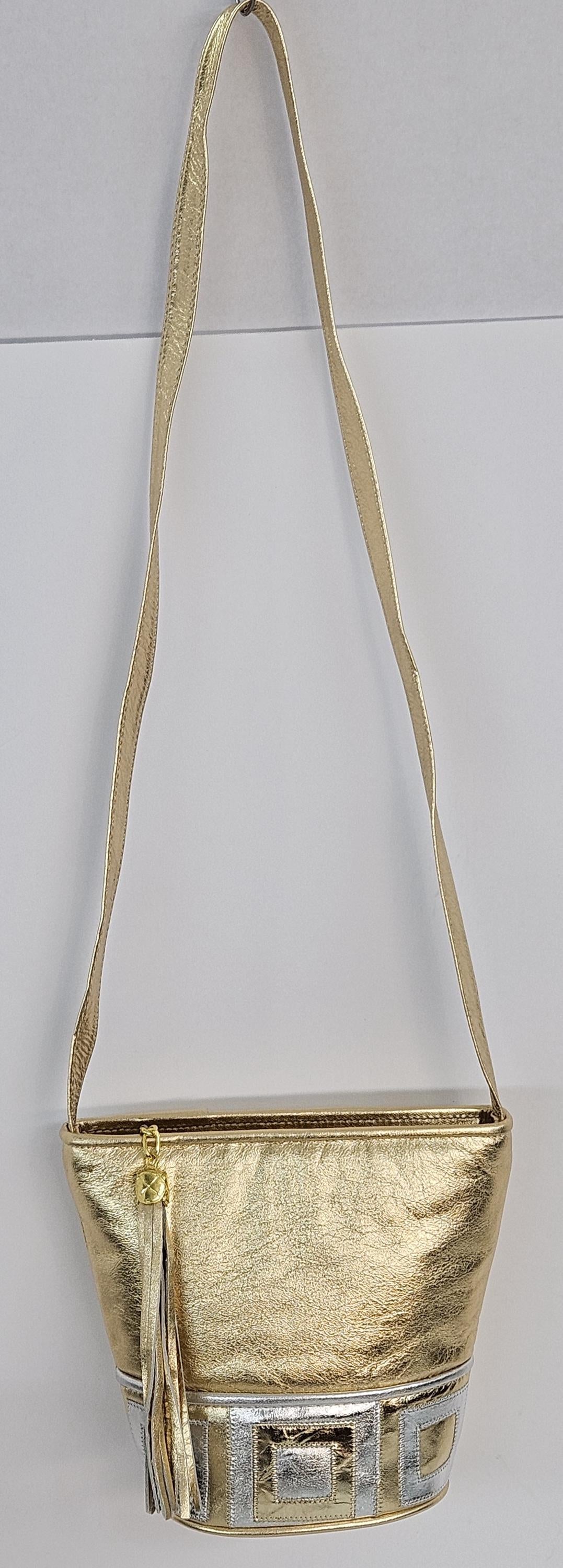 Gold Metallic Leather Handbag: Silver Zigzag Detail, Made in USA