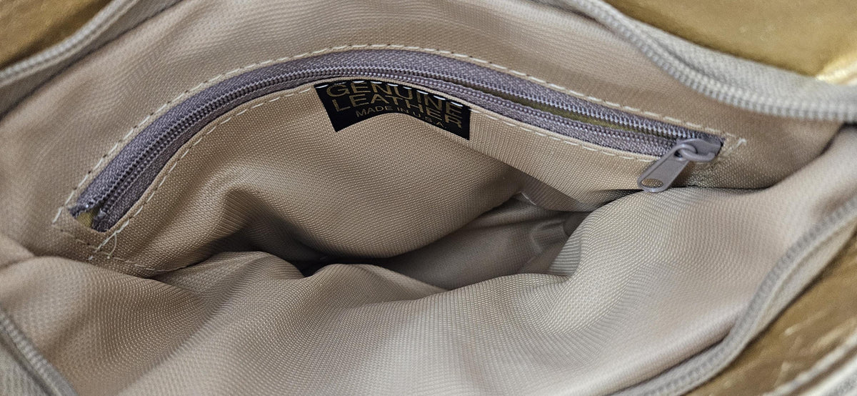 Gold Metallic Leather Handbag: Silver Zigzag Detail, Made in USA